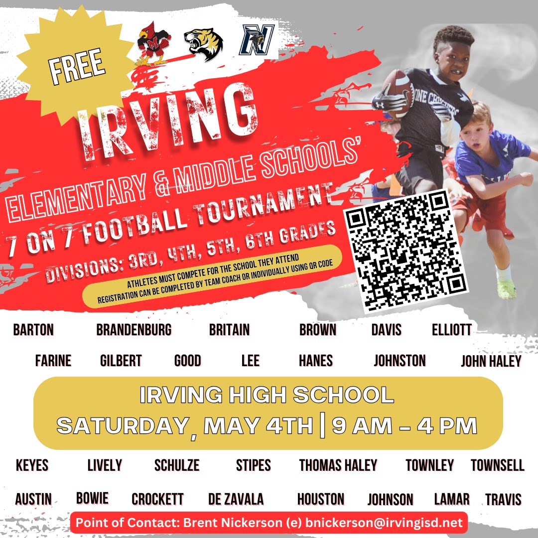 BREAKING: Irving HS, MacArthur HS & Nimitz HS will be hosting a free 7on7 football tournament for the Elementary & Middle Schools in Irving‼️ 🏈 3, 4, 5, 6 graders 🗓️ Saturday, May 4th ⏰ 9AM - 4PM 📍 Irving HS Let’s Bring the City together!! @BNitcholas | @Coach_M_A_Small