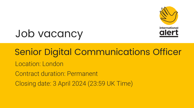 Are you passionate about using digital communications to drive positive change? 

Join our team! 

🌍We're hiring a Senior Digital Communications Officer to shape and deliver our global digital strategy. 

Interested? Apply here: international-alert.org/about/jobs/sen…

#CharityJobs