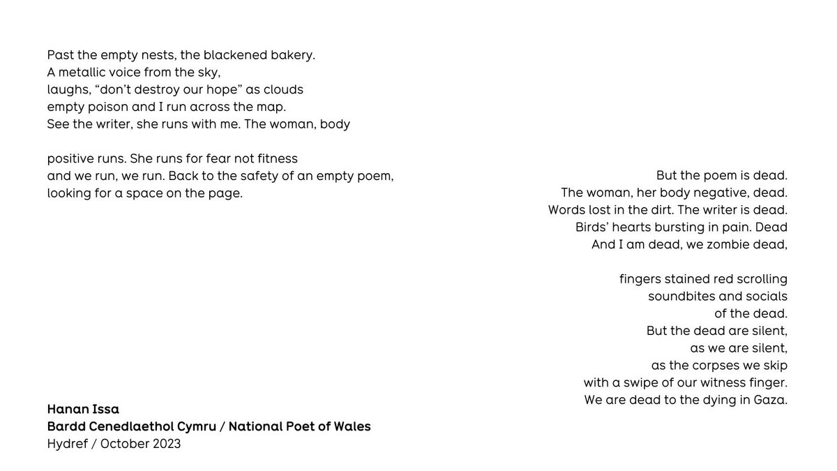 #WorldPoetryDay is as good a day as any to re-share 'Do the Birds Still Sing in Gaza?' - a remarkable piece by @hanan_issa_, National Poet of Wales. literaturewales.org/our-projects/n…