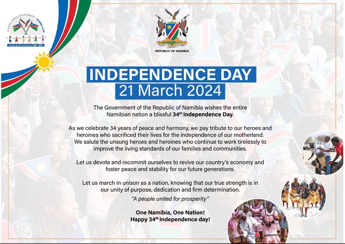 On the occasion of the 34th year of Namibia’s Independence we celebrate the milestones achieved and recommit to overcoming all challenges we still face as we aspire towards a united, developed and prosperous Namibia. 🇳🇦 #NamibiaIndependenceDay #NamibiaAt34