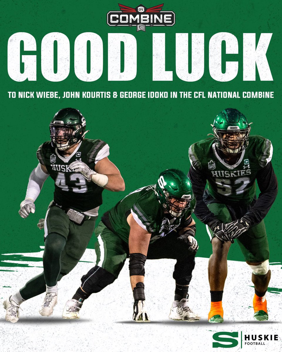 Good luck to Huskies- Nick Wiebe, John Kourtis & George Idoko who are participating in this week’s CFL National Combine in Winnipeg Head to huskies.usask.ca for more information on the trio, and the CFL Combine #HuskiePride #PowerOfThePack