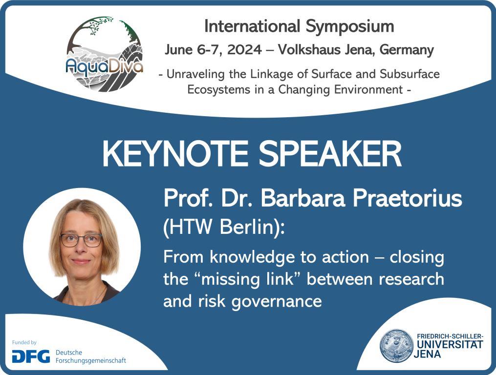 📣Thrilled to introduce the keynote speaker of session 6 at our International Symposium AquaDiva: Prof. Dr. Barbara Praetorius from @HTW_Berlin - Don't miss out on this enlightening session! #riskgovernance #sustainability ℹ️people.f3.htw-berlin.de/Professoren/Pr… 👉aquadiva.uni-jena.de/international-…