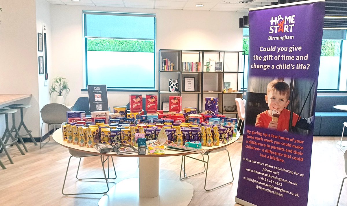 A huge thank you to @PureOffices in Longbridge who have donated this incredible amount of Easter Eggs and treats for our families supported by our Home-Start Birmingham South. There's going to be some chocolately smiles this Easter!