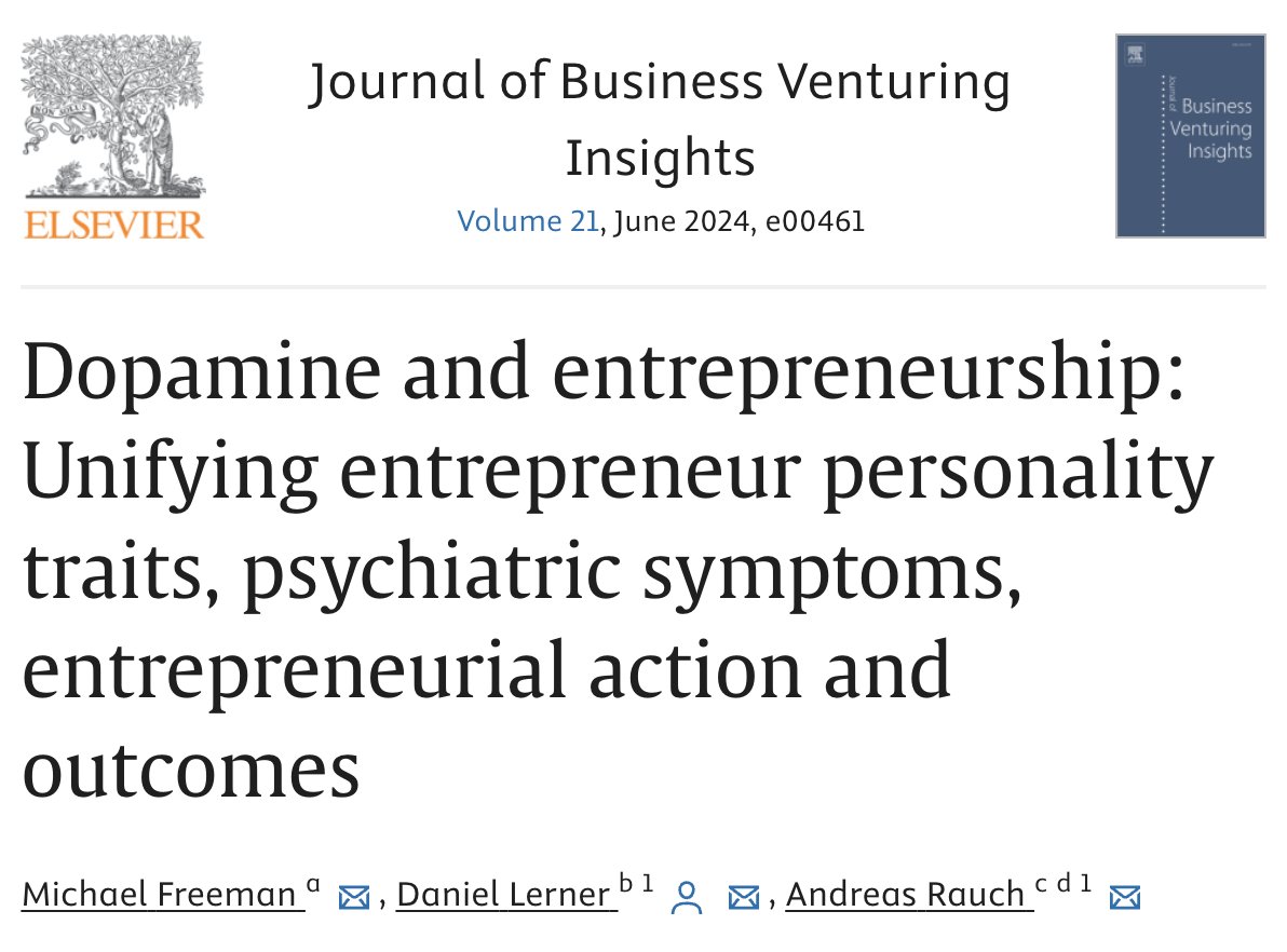 📢 New article What are the neuropsychological underpinnings of entrepreneurial action? Authors M. Freeman (@UCBerkeley, @EconaWellness), D. Lerner (@IEuniversity), & A. Rauch (@audencia; @jkulinz) provide fresh #neuroscience-based perspective. 🔗: sciencedirect.com/science/articl…