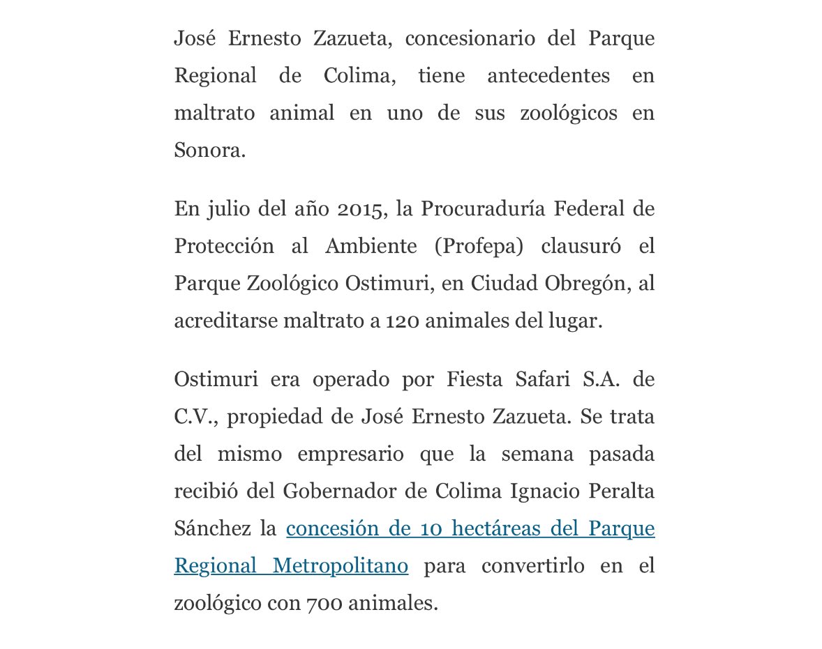 El Parque Regional de Colima fue concesionado en noviembre de 2016 por el entonces Gobernador @nachoperaltacol a la empresa Fiesta Safari por un periodo de 20 años. En aquel momento se advirtió que el empresario tenía antecedentes de maltrato animal en otro de sus zoológicos.