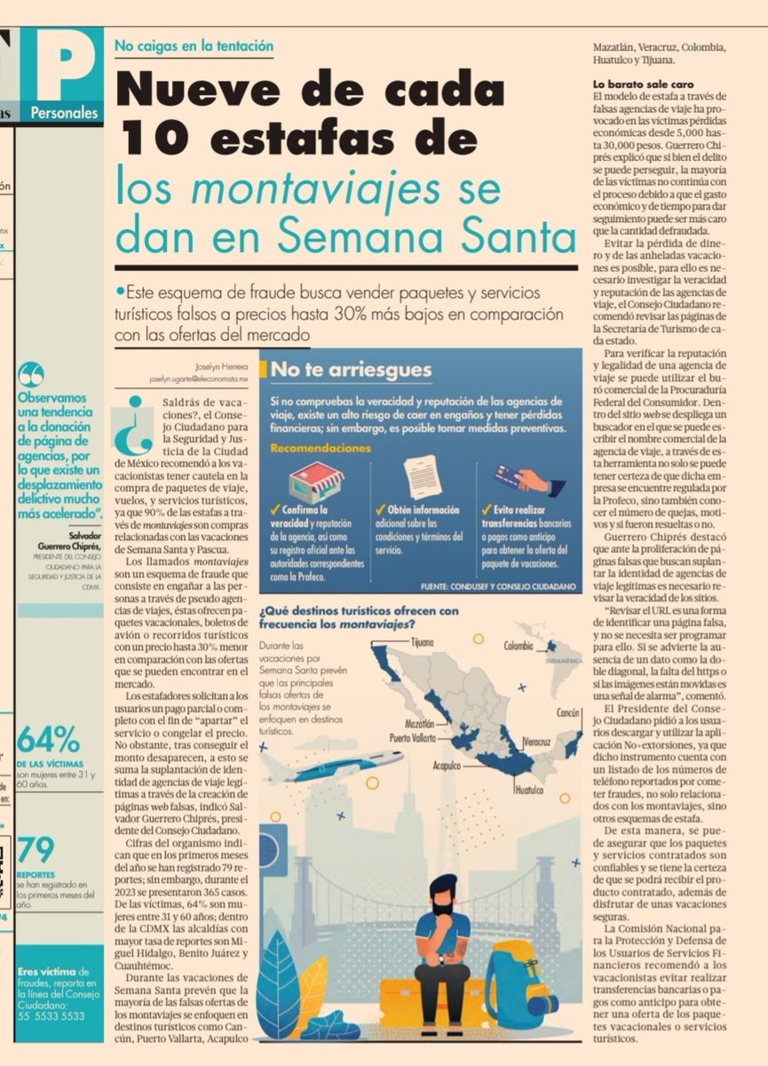 Se acercan las #vacaciones de #SemanaSanta. Con mucho cuidado en donde reserveso a quien le compras tu paquete de viaje. En este periodo vacacional las estafas están a todo lo que da.
Asegúrate de que tu vendedor sea una fuente confiable.