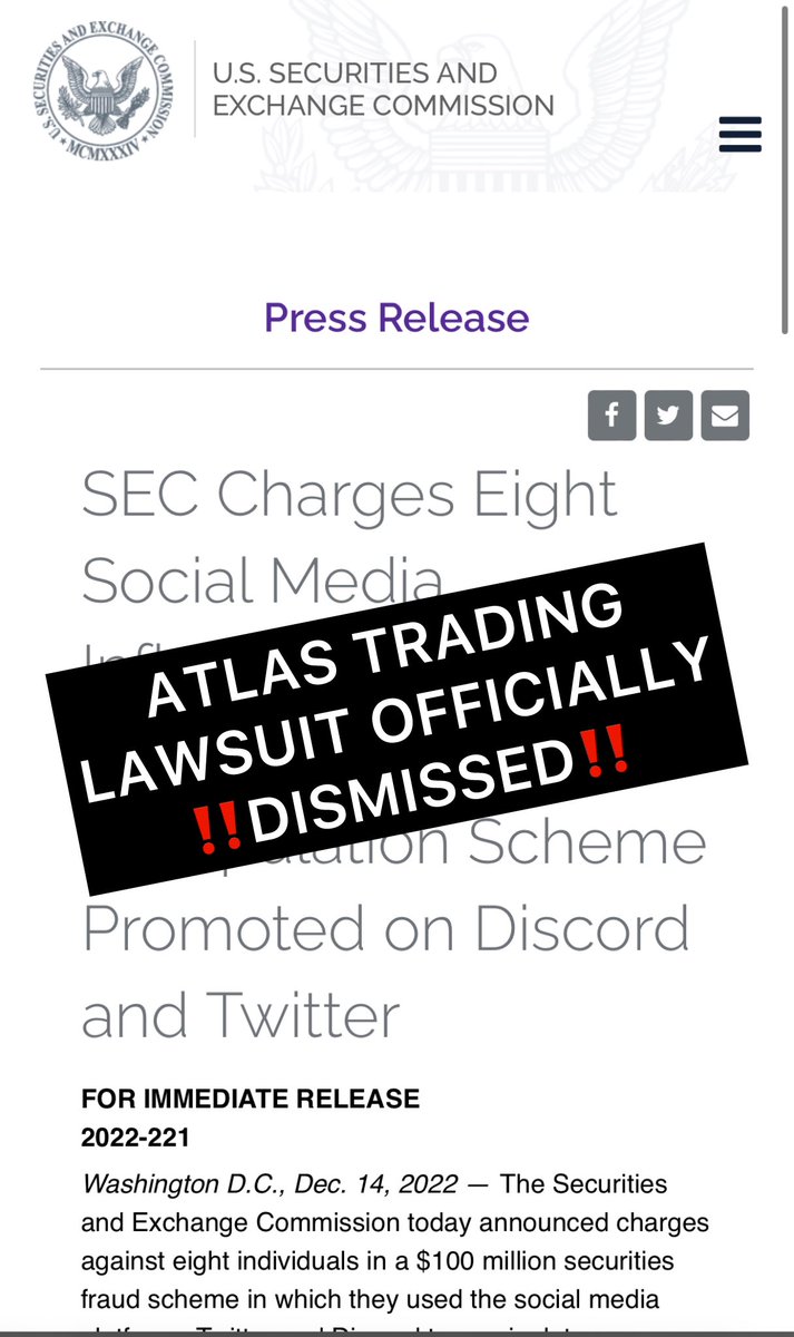 xMarketNews's tweet photo. BREAKING 🚨 SEC Case Against Atlas Trading is Officially Dismissed Without Prejudice
On January 31st FINRA responds to 70+ Congress Members to mislead the representatives and put the blame on social media influencer in response to MMTLP.. THEY WERE WRONG! https://t.co/zeSTCXGtRL