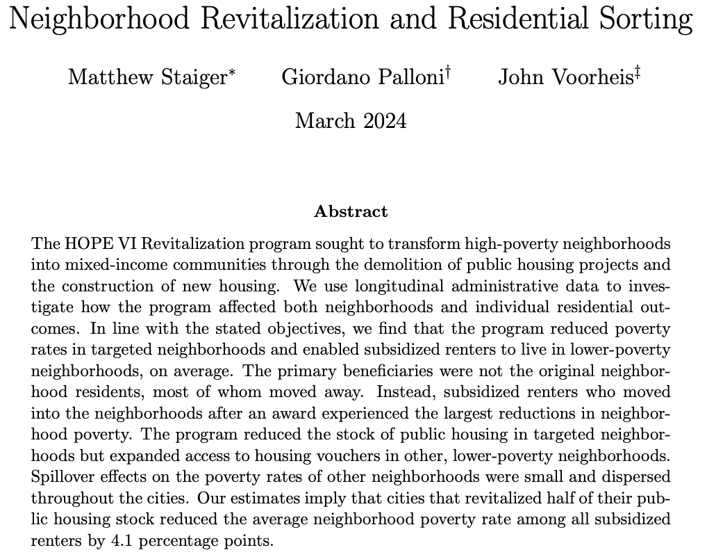 **New Paper** The US spent $6.3 billion dollars to revitalize hundreds of public housing projects between 1993-2010. Did these investments transform high-poverty neighborhoods into mixed-income communities? Did subsidized renters benefit? #EconTwitter matthewstaiger.github.io/matthewstaiger…