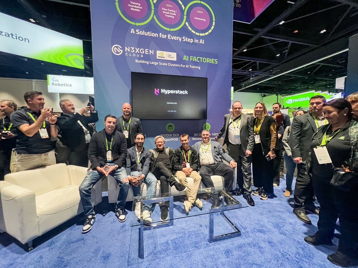Hyperstackcloud's tweet image. Our team alongside the amazing Jensen Huang, CEO of NVIDIA, who stopped by the NexGen Cloud booth at @NVIDIAGTC yesterday.
#Hyperstack #GTC24 #Innovation #CloudComputing #NVIDIA #GPU #Cloud #AIInfrastructure #GPUisWhatWeDo