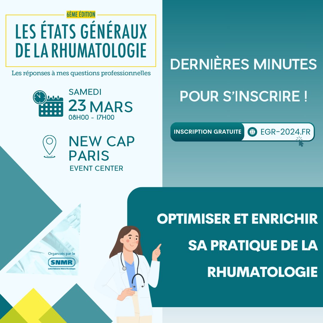 LeSNMR's tweet photo. Rejoignez-nous à la 6e États Généraux de la Rhumatologie, 23/03/24 à Paris ! Une  journée essentielle pour échanger et progresser dans notre domaine. Ne  manquez pas votre chance, derniers jours pour s'inscrire : https://t.co/UOFRfgvuw7  #Rhumatologie https://t.co/RKUd4j6fuD