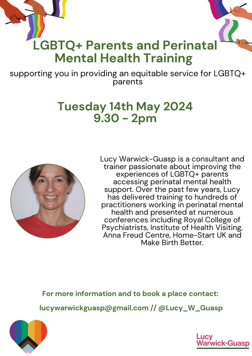 Do you work in #PNMH? I have a few places remaining for my next Zoom #LGBTQ+ and #PNMH training on 14th May 2024: 9:30 - 2pm. For more information or to book a place please feel free to contact me lucywarwickguasp@gmail.com. I look forward to seeing you then! 🏳️‍🌈🏳️‍⚧️