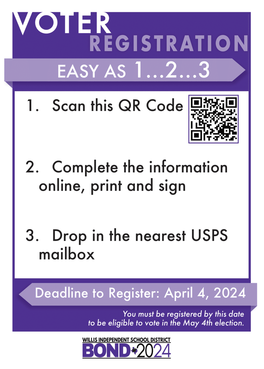 WillisSchools's tweet photo. The voter registration deadline is approaching on April 4. Have you registered yet? Click on the links below to register for the upcoming May 4 election!

Register to vote ➡️ https://t.co/uv2kOEjhQw
Check your status ➡️ https://t.co/nbzCviIwlN https://t.co/Skij3acFfA
