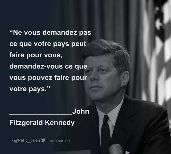 🔴Chacun de nous devrait méditer sur cette citation de Kennedy et s'interroger: Qu'est-ce je fais pour mon pays? Je salue @ElieLomboto4 qui fournit les oeufs, @Raissabulela1 qui fournit les pagnes, @tisyamukuna qui fournit le café, @mbuyi_don qui finance les projets des jeunes...