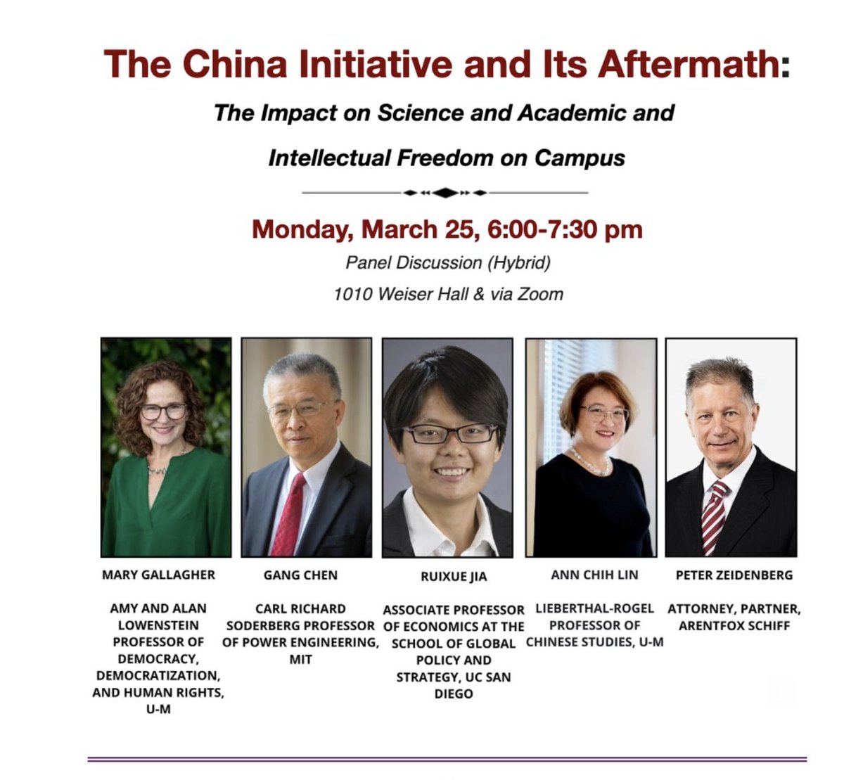 Although the #ChinaInitiative has officially ended in 2022, the hostile climate has not dissipated. Join us for a panel discussion next Monday. @GlobalMichigan facultysenate.umich.edu/the-china-init…