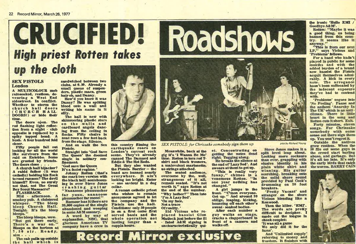 Sid's first gig with Sex Pistols was on March 21st 1977 at Notre Dame Hall, London. The free show was set up last minute, specifically for filming by an American NBC news crew. Record Mirror reported on the show with the headline -CRUCIFIED! High priest Rotten takes up the cloth