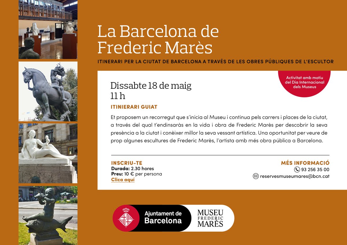 📆Aquest dissabte pots passejar 👣per la #Barcelona de Frederic Marès i gaudir d'un itinerari per la ciutat a través de les obres públiques de l'escultor. 🕙La visita comença a les 11 h al #Museu i recorre els carrers i places. 🎟️Entrades➡ ow.ly/Bb8e50FAsXg