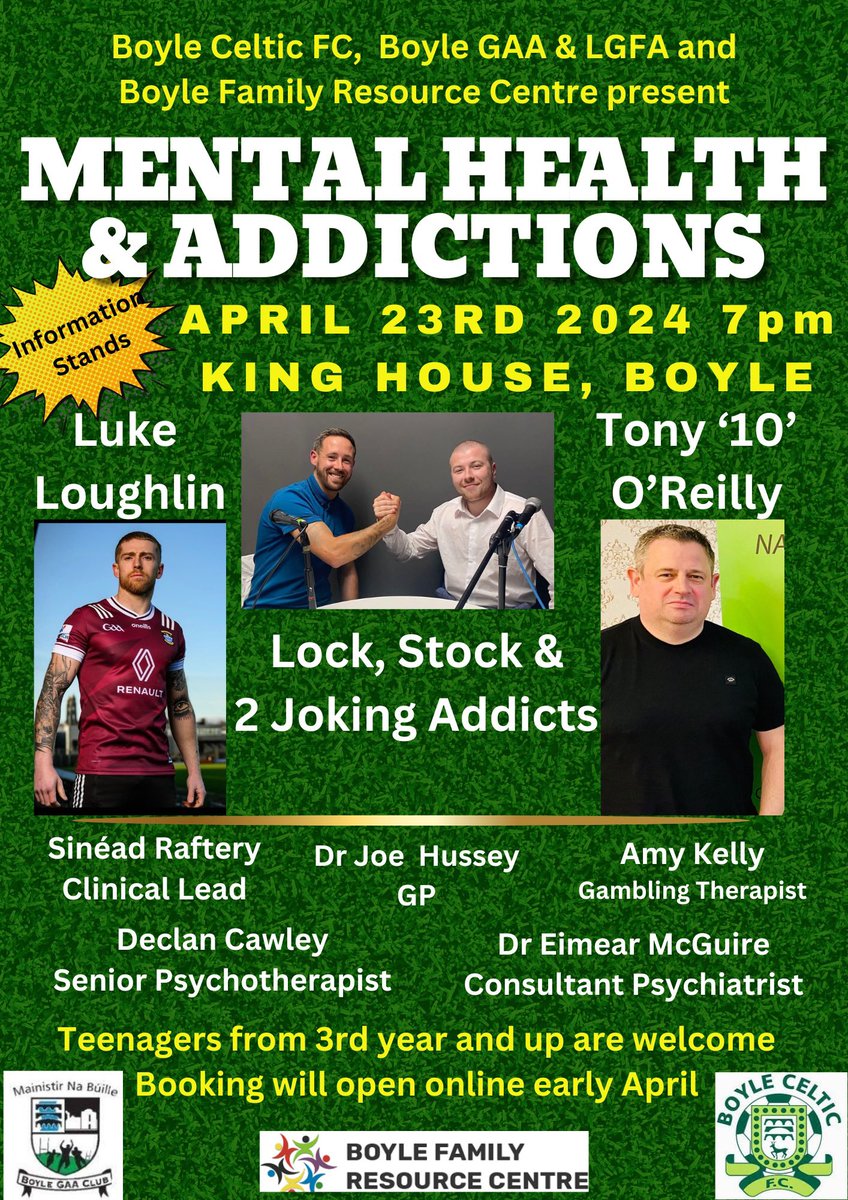 Boyle FRC (@frcboyle) on Twitter photo Mental Heath & Addiction
We are delighted to present this event for young people, adults & parents.
Guest Speakers
๐นLuke Loughlin
๐นLock, Stock & 2 Joking Addicts
๐นTony OโReilly
In conjunction with <a href="/BoyleCelticFC/">Boyle Celtic FC</a> & <a href="/BoyleGAA/">Boyle GAA & LGFA</a>
#familyresourceirl Mental Heath & Addiction
We are delighted to present this event for young people, adults & parents.
Guest Speakers
๐นLuke Loughlin
๐นLock, Stock & 2 Joking Addicts
๐นTony OโReilly
In conjunction with <a href="/BoyleCelticFC/">Boyle Celtic FC</a> & <a href="/BoyleGAA/">Boyle GAA & LGFA</a>
#familyresourceirl