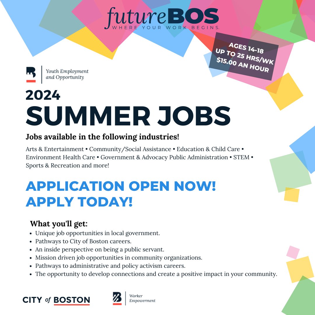 Summer jobs!!! Visit boston.gov/youth-jobs to apply!