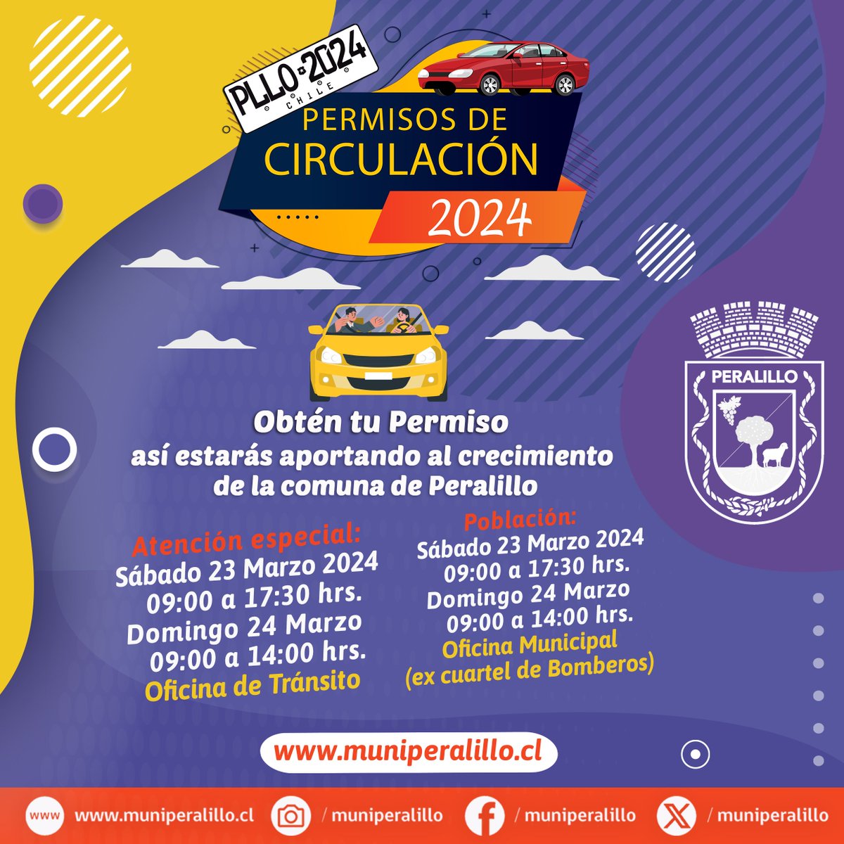 Últimos días para obtener tu Permiso de Circulación en Peralillo. Te esperamos este fin de semana Sábado y Domingo en Oficina de Tránsito del Municipio y Oficina Municipal de Población (ex cuartel de Bomberos) 📷📷