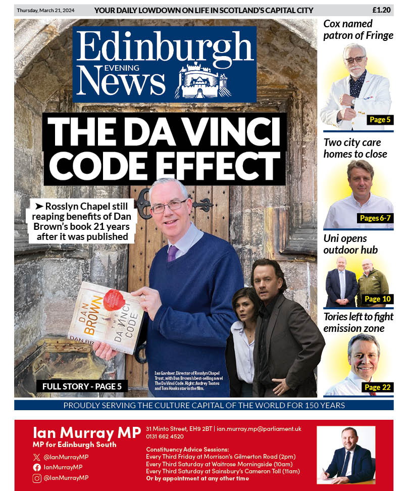 Lovely front page design by @danielbailey100 for today's @edinburghpaper as they reveal the benefits being reaped by @Rosslynchapel thanks to @AuthorDanBrown's book The Da Vinci Code 21 years after it was published, with @tomhanks starring in the film. Story by @JulieComNews.