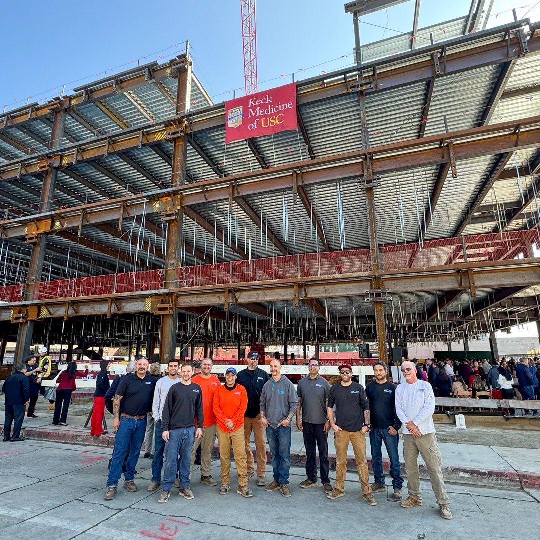 csielectric's tweet photo. Our team at the @KeckMedicineUSC hit a major milestone during the Topping-out Ceremony in #Pasadena. In collaboration with @turner_talk, we celebrated as the last steel beam was signed &amp; hoisted into place. It was a true joy witnessing this benchmark!  #keckmedicineofusc #usc https://t.co/UUobM9dmek