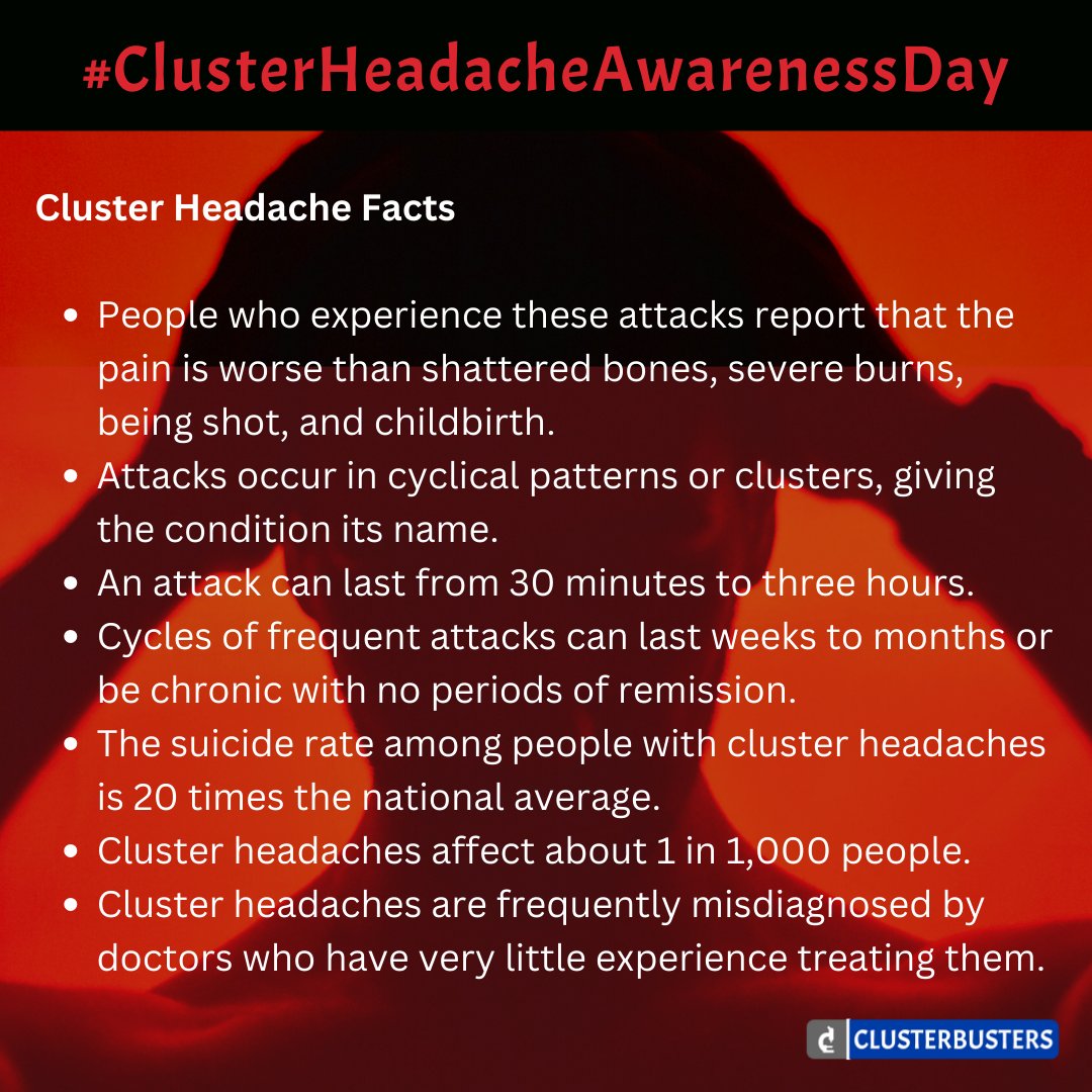 Cluster_buster's tweet photo. Help share cluster headache facts in honor of #ClusterHeadacheAwarenessDay. Let’s continue to advocate &amp; educate others about this debilitating neurological disease. Together we are stronger!

Informal chat with CB 3/24 at 12pm ET.
Register for free event: https://t.co/LDP6QG5iIW https://t.co/FAafYyNnzN