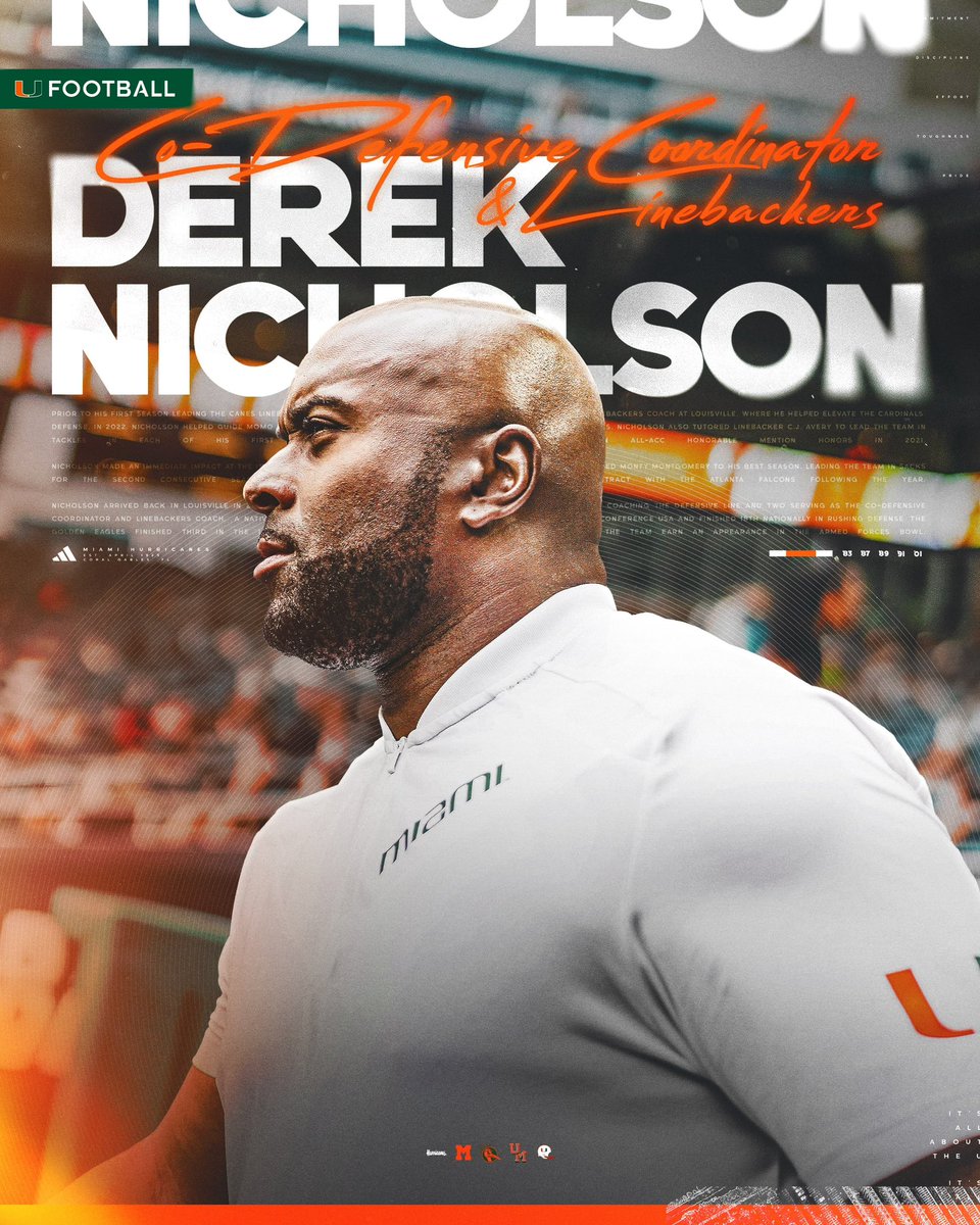 A leader, motivator, and now our Co-Defensive Coordinator/Linebackers Coach. Congratulations, Coach Nicholson 🙌 #GoCanes