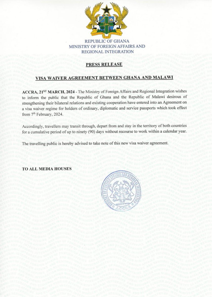 Visa waiver agreement between Ghana and Malawi🫱🏾‍🫲🏿 #PulseNews