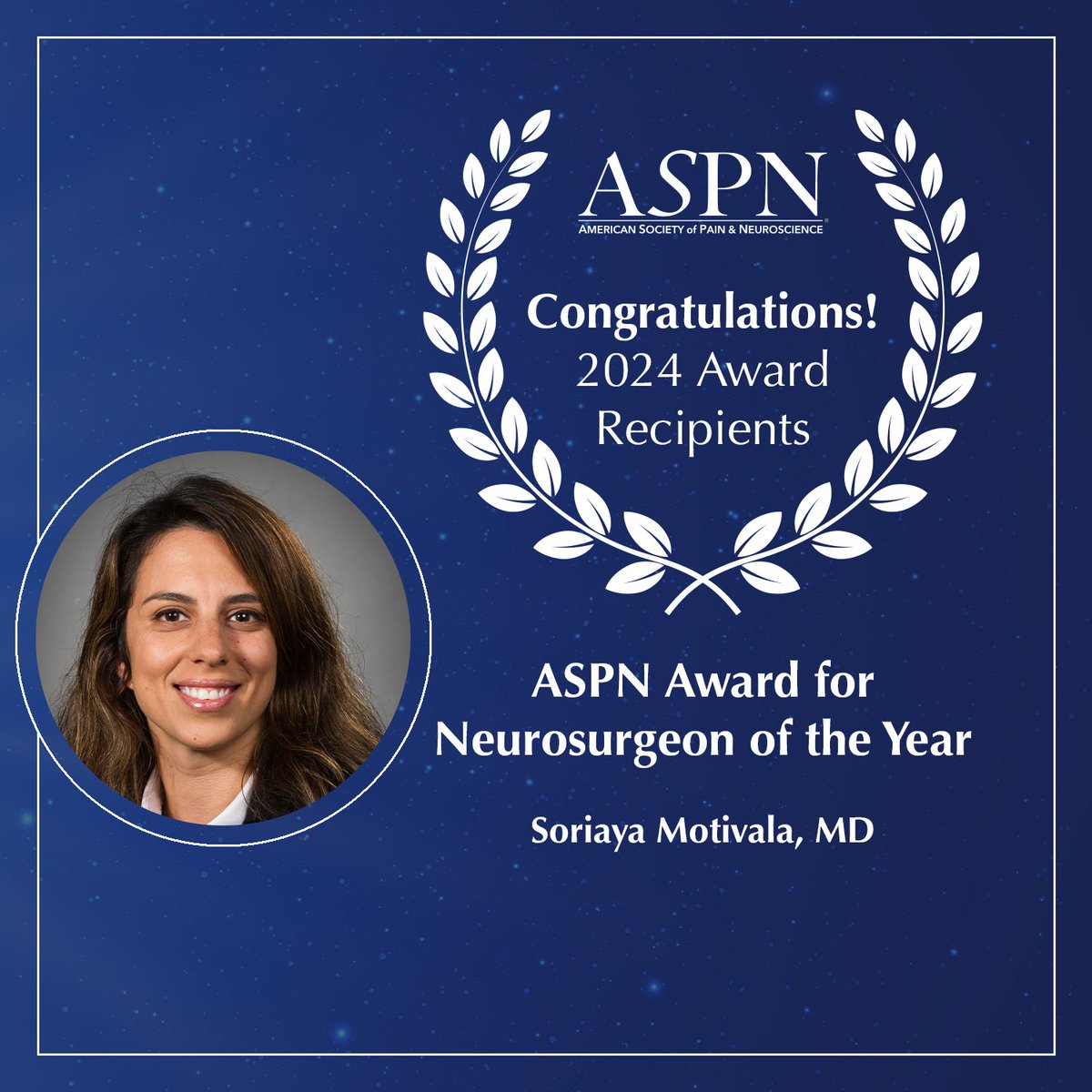 ASPN Award for Neurosurgeon of the Year goes to Dr. Soriaya Motivala. Congratulations on this well-deserved recognition of your exceptional skill, dedication, and contributions to the field of neurosurgery. You are inspiring. #ASPN2024 #Neurosurgeon