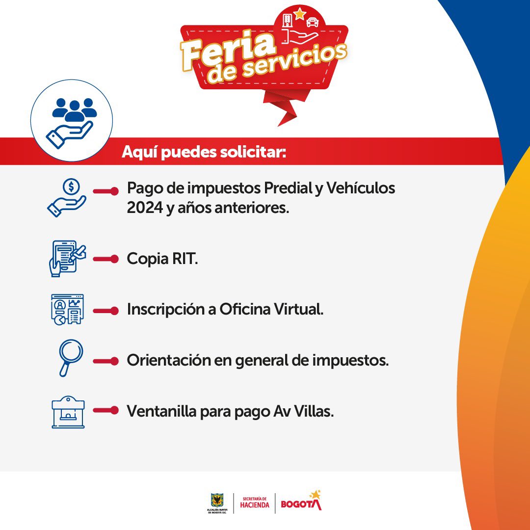 👉 Si aún no tienes tu factura del #PredialBogotá 🏡 o del #ImpuestoVehículos 2024 no la pudiste descargar, te esperamos en nuestra feria de servicios.