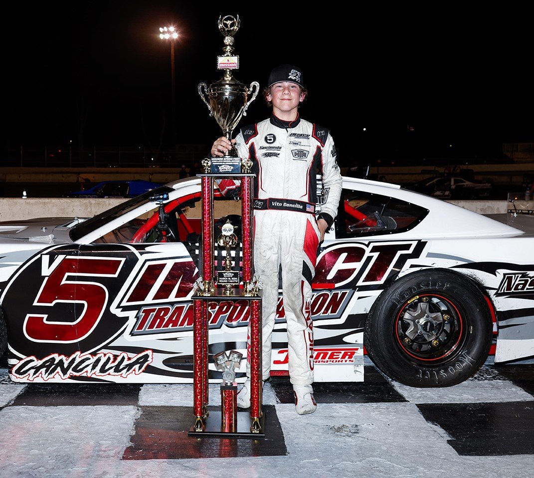 A salute to Vito Cancilla, at age 12, youngest to win a Pro Late Model race at Madera Speedway. He follows in the footsteps of great grandfather and @WestCoastHOF Cos Cancilla, the 1955 @nascar west car owner champion. Read more at tinyurl.com/vxrvfnku