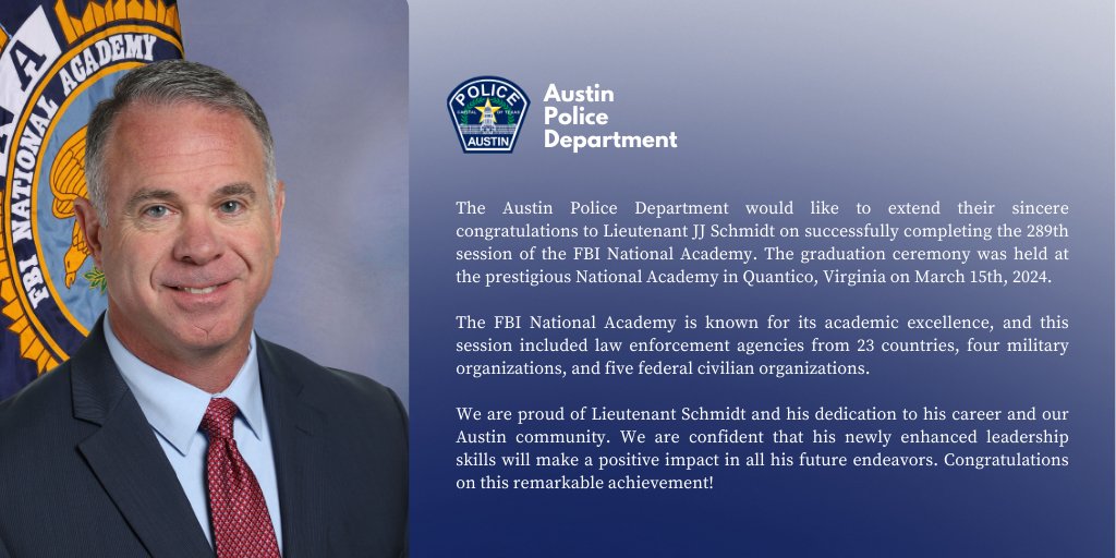 🎉 Congratulations to Lt. JJ Schmidt on successfully completing the 289th session of the FBI National Academy! 🌟 We can’t wait to see the positive impact his newly enhanced leadership skills will bring to our community. 🙌