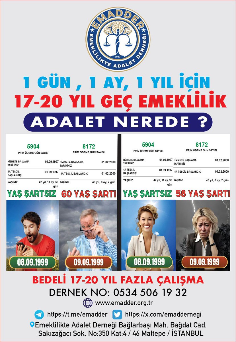 1 güne 17-20 yıl fark adil değil
09.09.1999 sonrası çalışanlar olarak Kademeli emeklilik bekliyoruz...

8 Eylül 1999 👉38/43 yaşında
9 Eylül 1999 👉58/60 yaşında

‼️Adalet bunun neresinde..!‼️

#2000lerinOyuKime