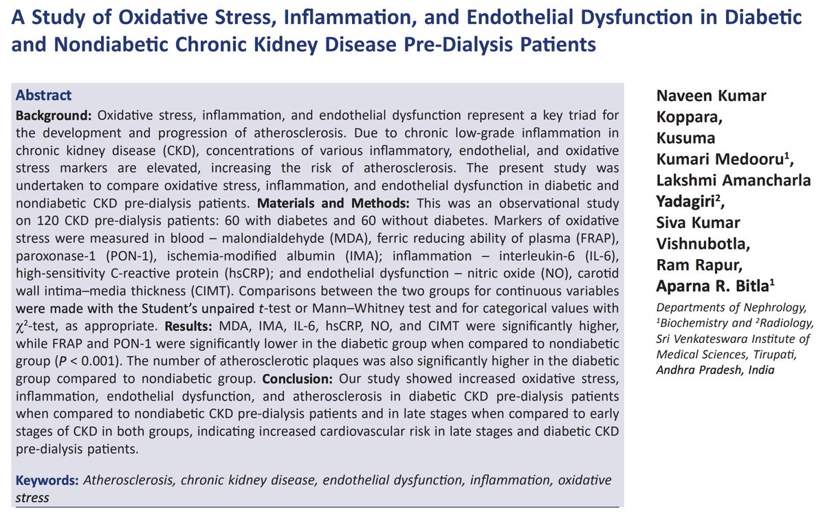🔰Original article: A Study of Oxidative Stress, Inflammation, and Endothelial Dysfunction in Diabetic and Nondiabetic Chronic Kidney Disease Pre-Dialysis Patients
⚡️MDA, IMA, IL-6, hs-CRP, NO, and CIMT were significantly higher  in the diabetic group

🗝️journals.lww.com/ijon/fulltext/…