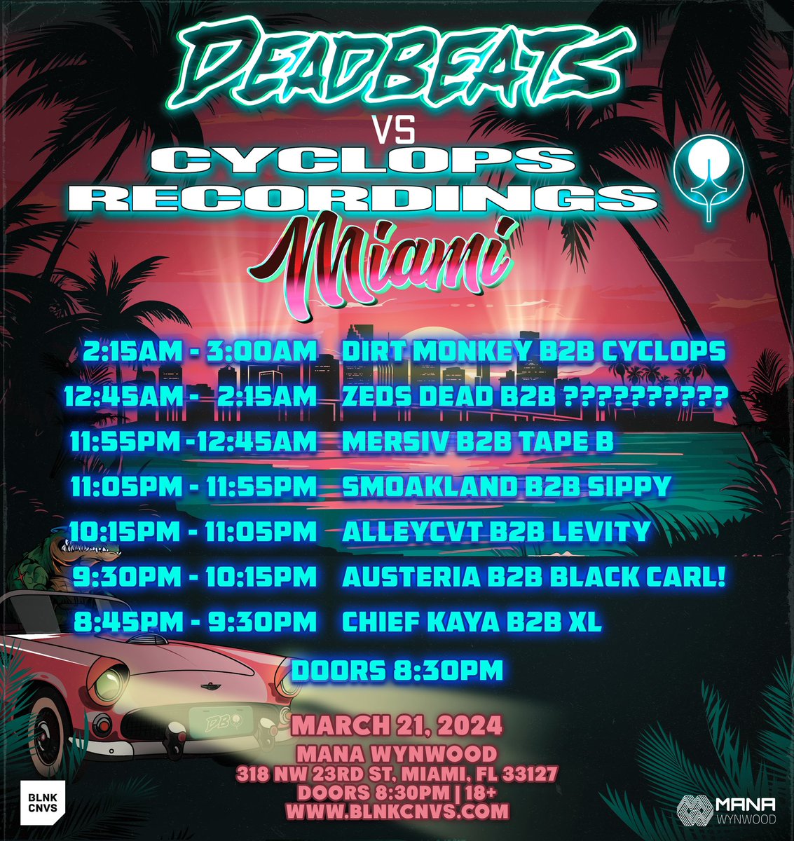 ITS DEADBEATS VS CYCLOPS MIAMI DAY! SEE YOU TONIGHT AT MANA WYNWOOD FOR THE ULTIMATE B2B THROWDOWN WITH CYCLOPS RECS AND A WHOLE BUNCHA FAM