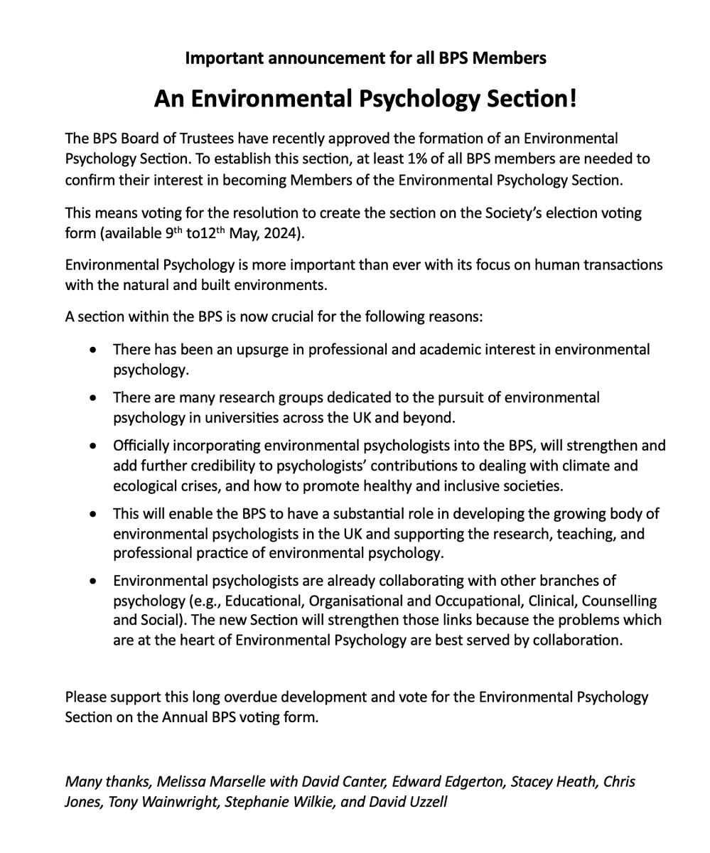 💜 IMPORTANT ANNOUNCEMENT FOR ALL BPS MEMBERS 💜 Wanna be involved in the Environmental Psychology sector? Register your interest in becoming a member of this section on the Society's election voting form (available 9th-12th May 2024) 🫂🌲🧠