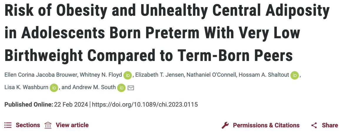 Risk of Obesity and Unhealthy Central Adiposity in Adolescents Born Preterm With Very Low Birthweight Compared to Term-Born Peers, published in @ChildObesity_jn Link to pub: liebertpub.com/doi/10.1089/ch…