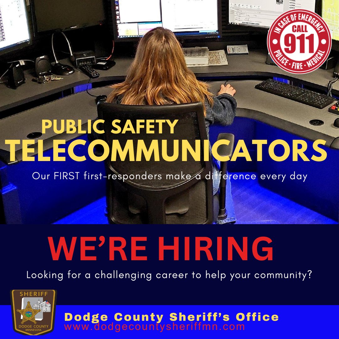 LOOKING FOR A CHALLENGING NEW CAREER? We would love to talk to you! Our amazing team of men and women in our 911 Dispatch Center are looking for one more full-time Public Safety Telecommunicator. Click here for details and how to apply: co.dodge.mn.us/departments/ad…