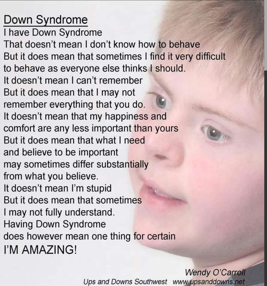 It's World Down Syndrome Awareness Day and we are just loving this poem by Wendy O'Carroll of 'Ups and Downs'.

#WDSD2024  #DontScreenusOut  #WorldDownSyndromeDay 
#EndTheStereotypes #RestorePersonhood