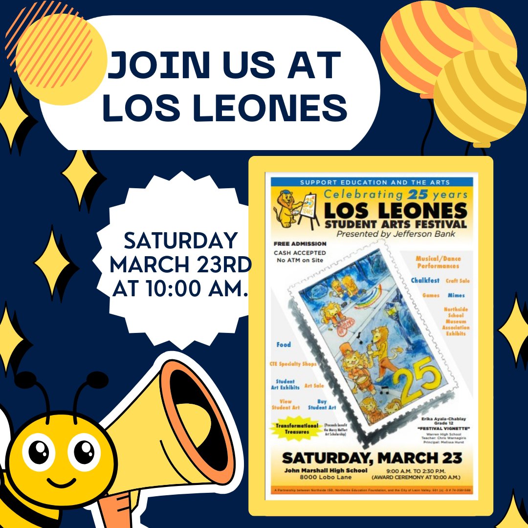 Ellison Bees and Families consider stopping by this Saturday at John Marshall High School for this years annual NISD Los Leones Student Art Festival! There will be bee-utiful work on display, live music and one of our very own Busy Bee's will be receiving an Award! @NISDEllison