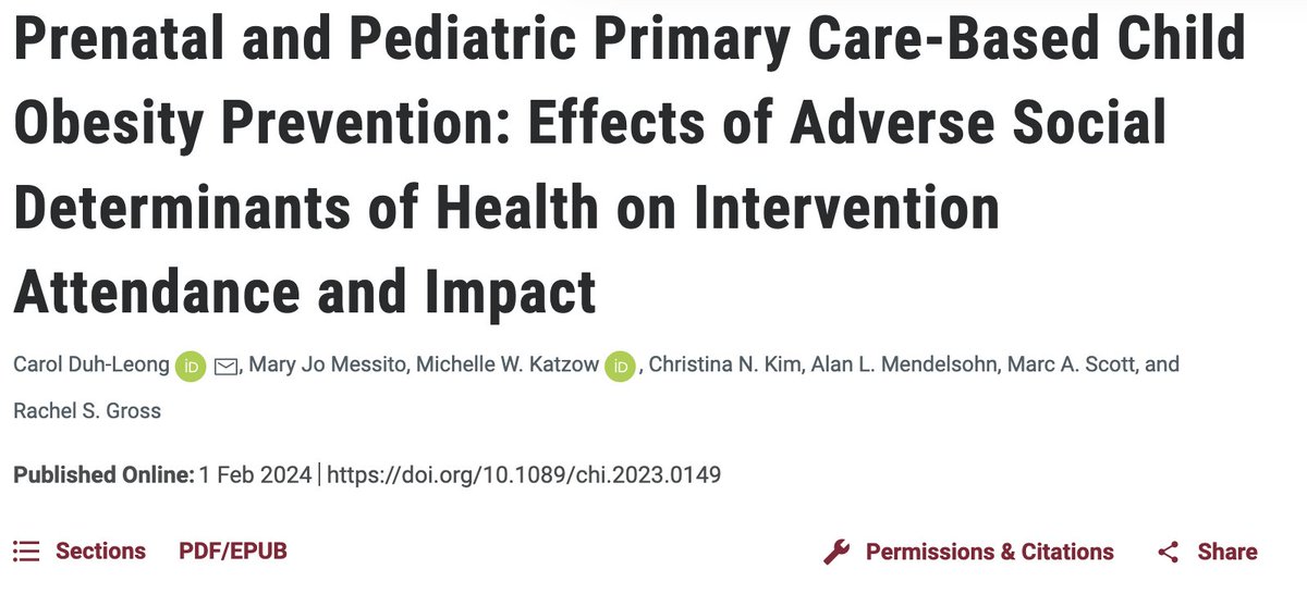 Prenatal and Pediatric Primary Care-Based Child Obesity Prevention: Effects of Adverse Social Determinants of Health on Intervention Attendance and Impact, published in @ChildObesity_jn Link to pub: liebertpub.com/doi/10.1089/ch…