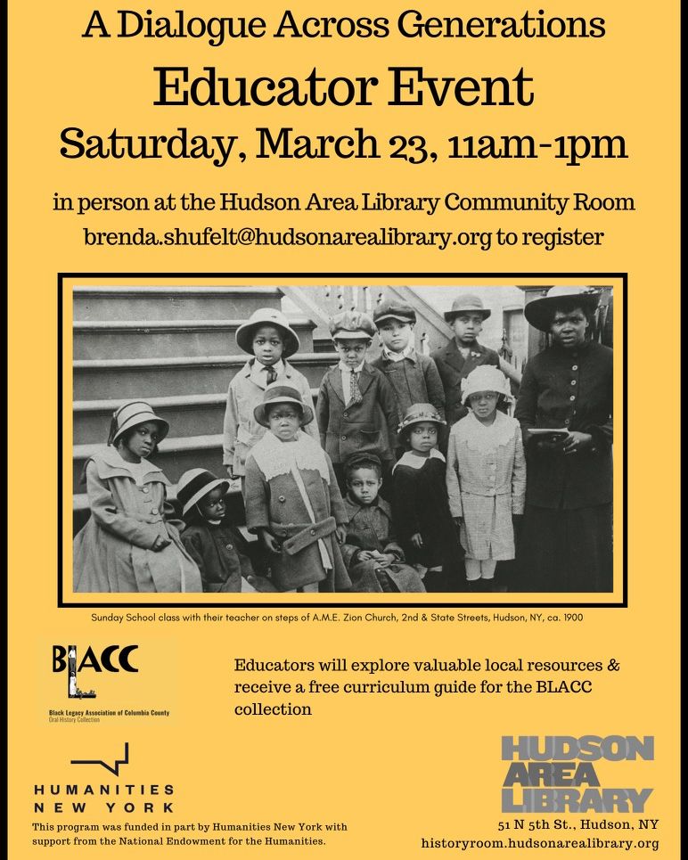 Attn!! Huge opportunity for educators and community members happening this Saturday 3/23: Tanya Jackson is leading a workshop on ways to incorporate the BLACC collection in educational activities and teachable moments in our everyday lives Hud Area Library from 11am-1pm ! ⭐️