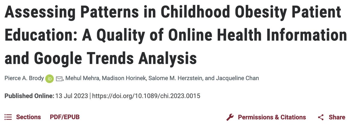 Assessing Patterns in Childhood Obesity Patient Education: A Quality of Online Health Information and Google Trends Analysis, published in @ChildObesity_jn Link to pub: liebertpub.com/doi/10.1089/ch…