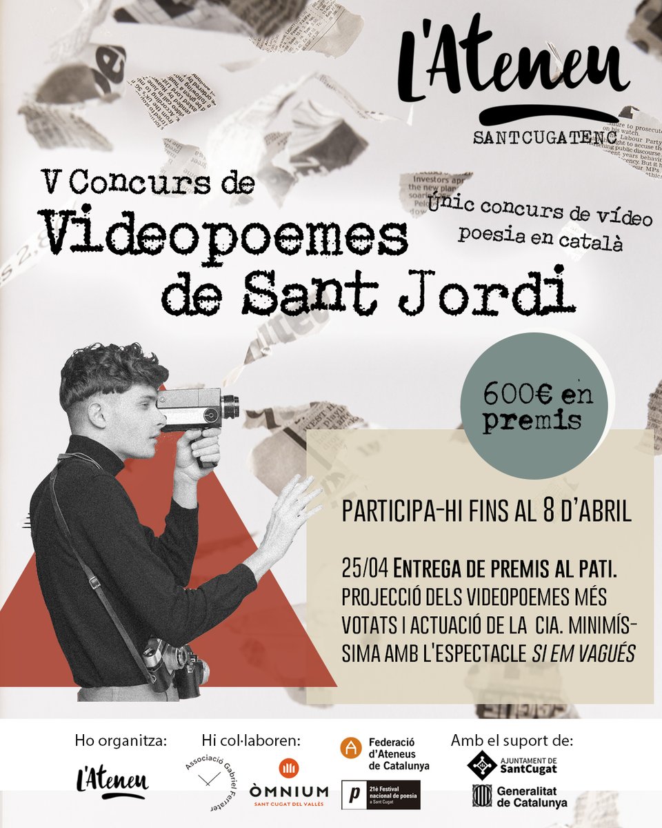 Avui se celebra el #DiaMundialDeLaPoesia i us ho voliem felicitar animant-vos a participar en el V Concurs de Videopoemes en català per celebrar la diada de Sant Jordi que organitza l'Ateneu de #SantCugat en col·laboració amb @FerraterGabriel i @omniumstc ateneu.cat/projectes/conc…
