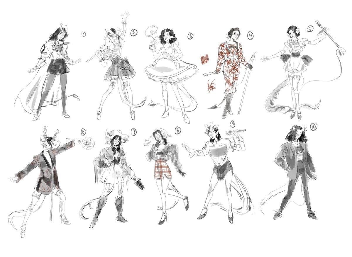 Working on a personal piece for my portfolio, let me know if you have a favorite! I was thinking of choosing 3-6 outfit variations for her