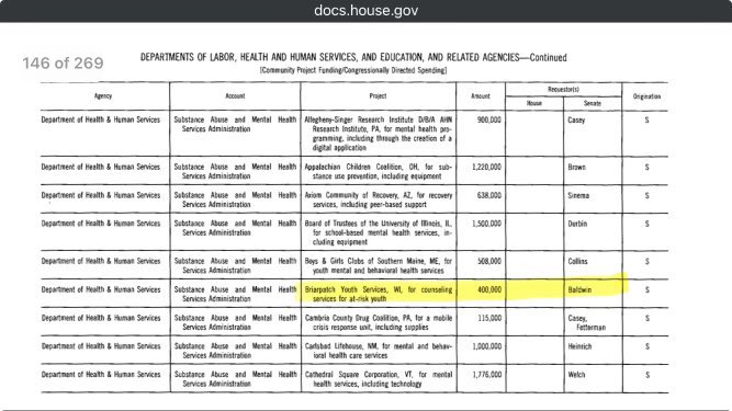 libsoftiktok's tweet photo. The House Appropriations Committee released a spending bill. In it is an earmark for $400k to go towards a center which provides chest binders and tucking swimwear for kids behind their parents’ backs.

This was proposed by @SenatorBaldwin 

Why are our tax dollars funding this?!

Source: @AmericanFreedom