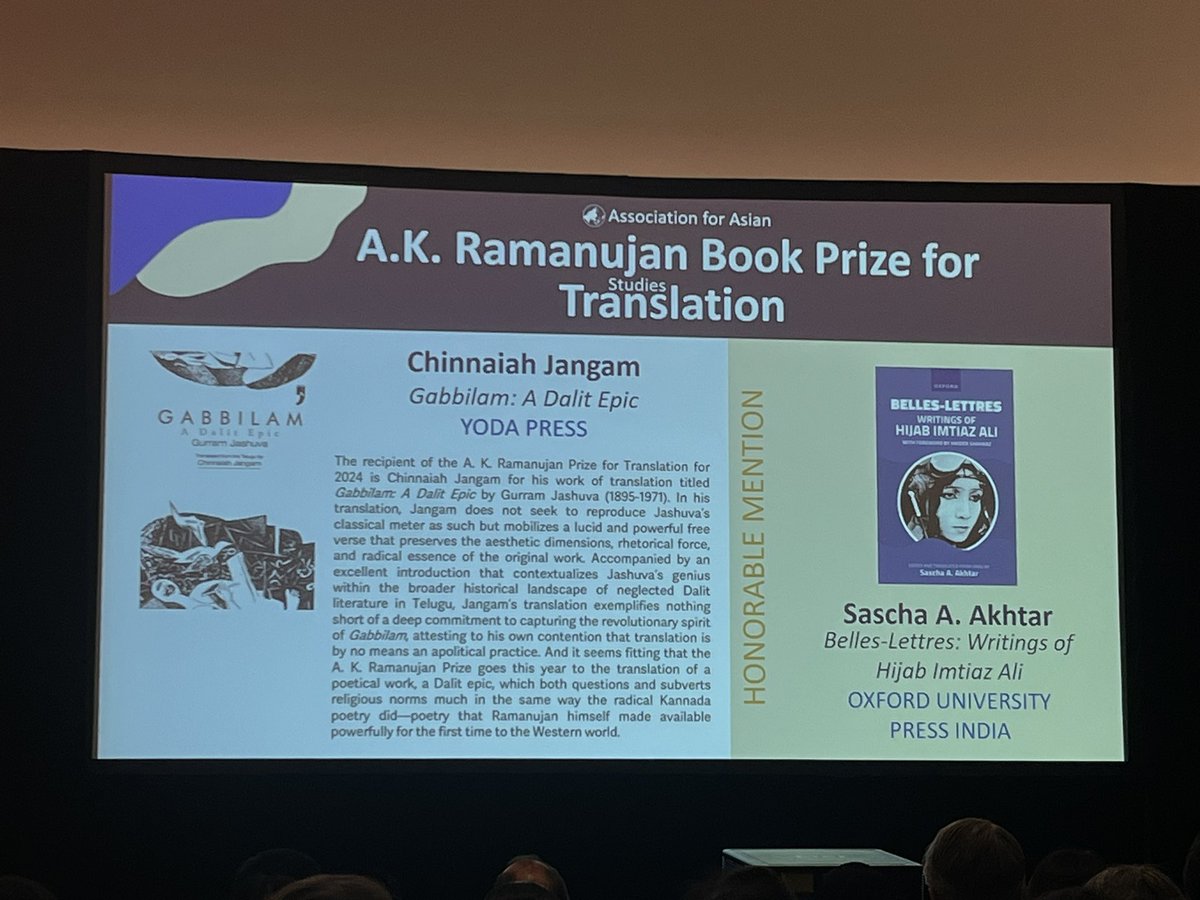 Was wonderful to see Prof. Chinnaiah Jangam (@cjangam) receiving the A.K. Ramanujan Book Prize for Translation at the #aas2024 @AASAsianStudies award ceremony from Prof. Kamran Ali
for his translation of Gurram Jashuva’s Gabbilam published by Yoda Press. Hearty congratulations!
