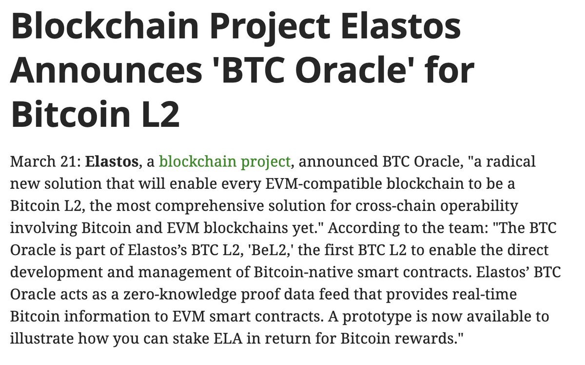 revolut20's tweet photo. Extremely bullish update about @ElastosInfo
๐ฅ They just announced the #BTCOracle for #Bitcoin L2!
๐BeL2 is a suite of technologies consisting of a BTC Oracle that inputs Bitcoin-related data to EVM contracts. This includes an application layer; an ELA powered relay network which further decentralises the process and reduces the reliance on a single point of failure; and the BTC Oracle which generates zero knowledge proofs and transmits events from BTC to the EVM contract.
Revolution has been started with #Elastos
#Gem #Ela #BTC
