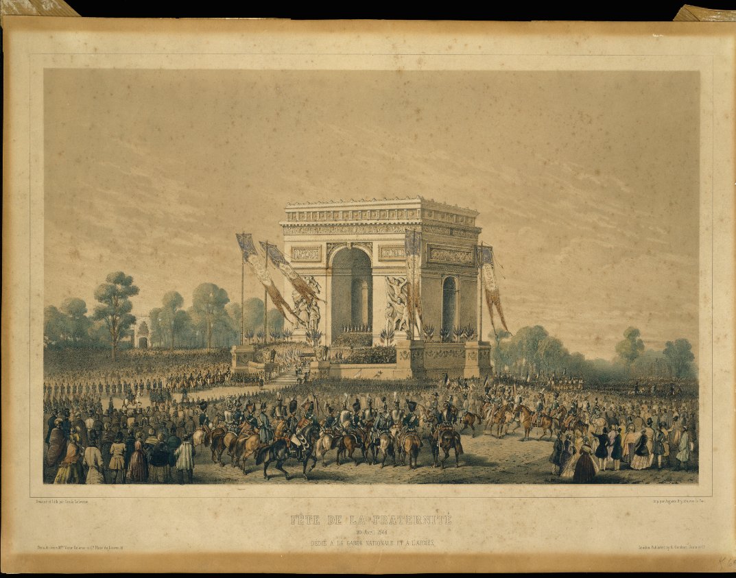 #CeJourLà 🗓️ Le 20 avril 1848, le gouvernement de la toute jeune seconde République organise la Fête de la #Fraternité 🎉 Des gradins sont élevés sous la grande voûte de l'@ArcDeTriomphe, décoré de drapeaux 🇫🇷 La suite de l'#Histoire est proposé ici ➡️urlz.fr/pYEI