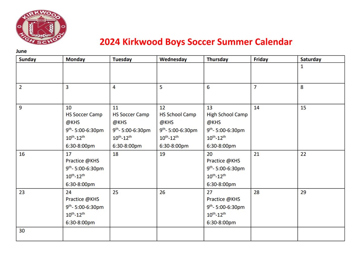 June 2024 Boys Soccer Summer Training Schedule